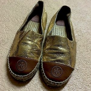 Tory Burch Espadrilles gold and camel size 8 womens. Used condition.
